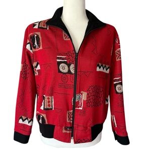 80’s Vintage Peter Popovitch Red/Black Graphic Print Front Zip Bomber Jacket SP